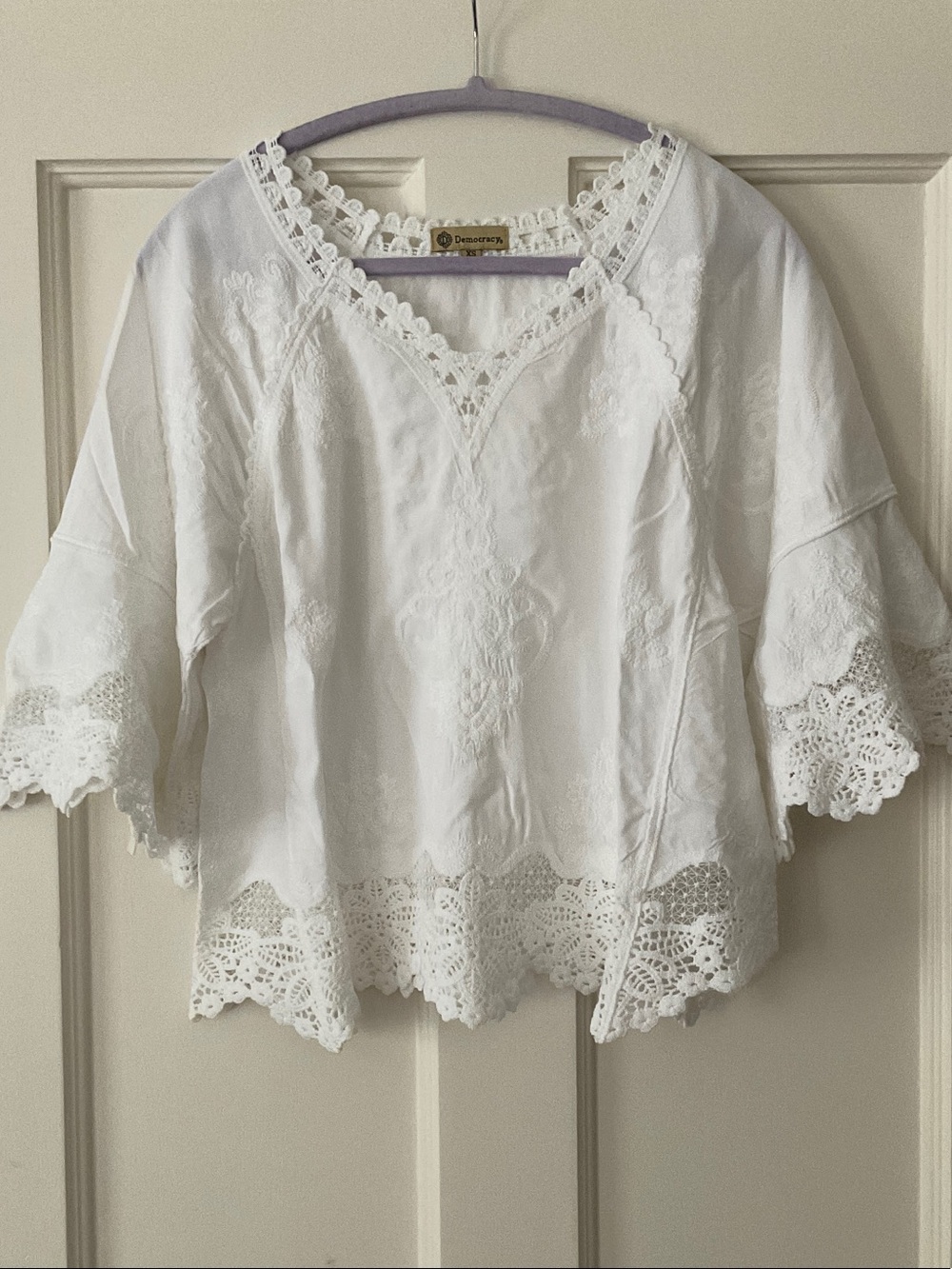 Democracy White Cotton Lace-Trim Boho Top XS